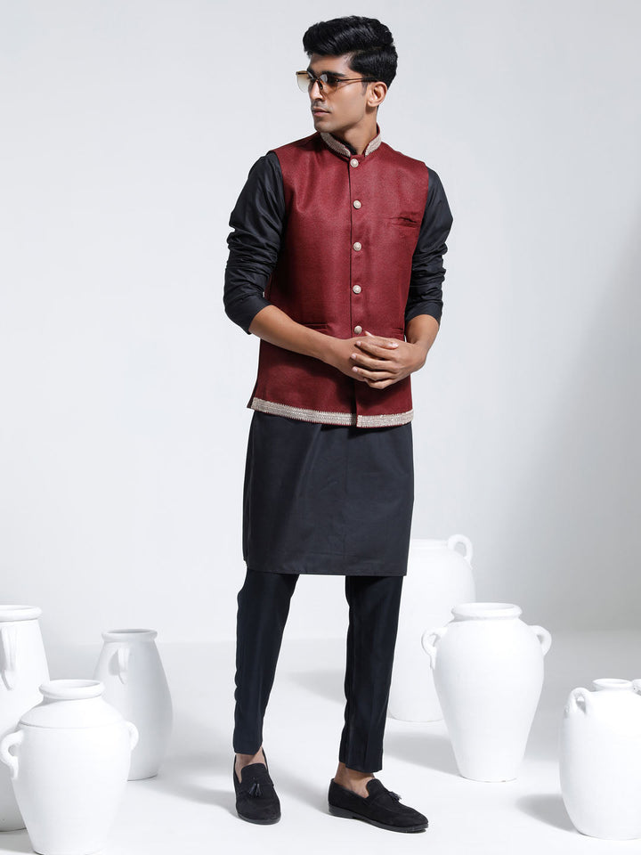 Sarvati Men's Maroon And Black Cotton Silk Jacket, Kurta and Pyjama Set