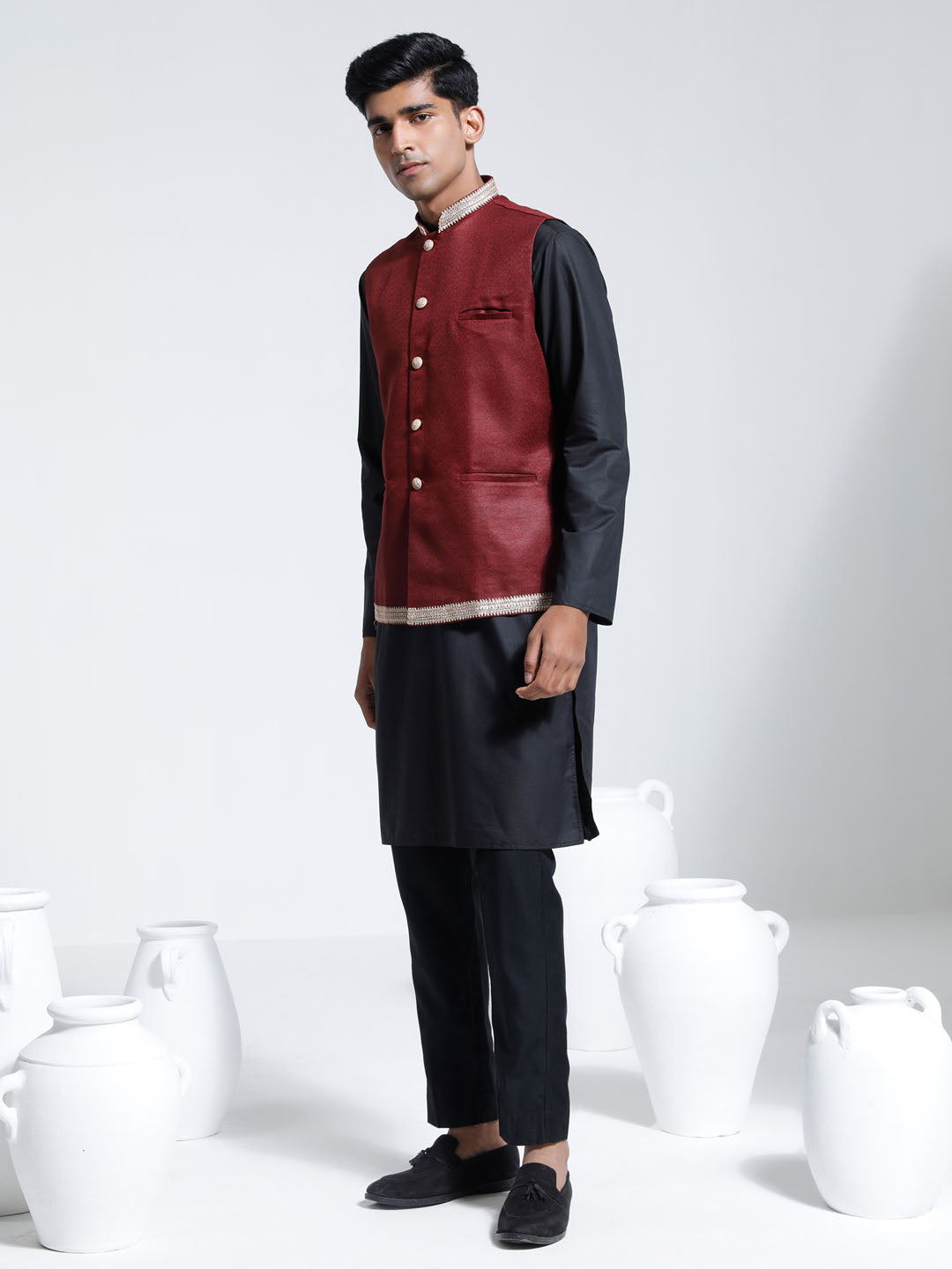 Sarvati Men's Maroon And Black Cotton Silk Jacket, Kurta and Pyjama Set