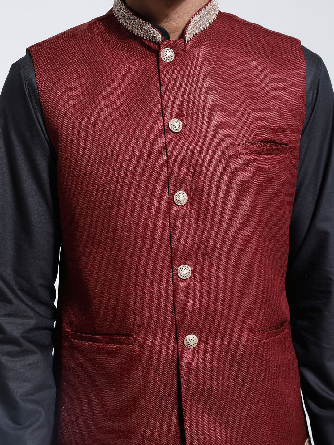 Sarvati Men's Maroon And Black Cotton Silk Jacket, Kurta and Pyjama Set