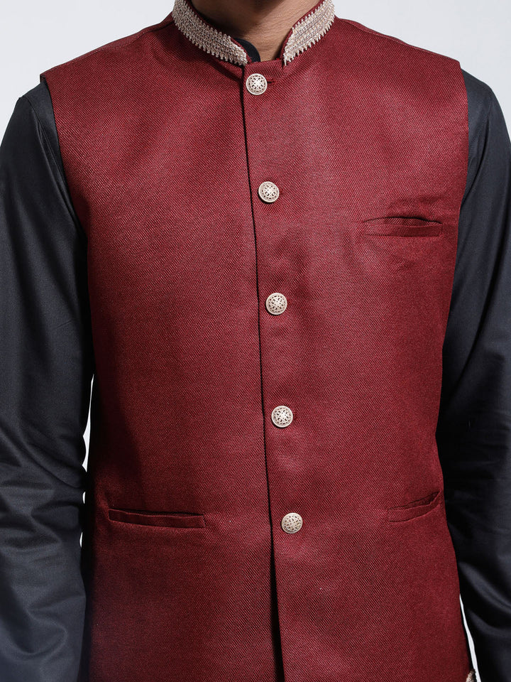 Sarvati Men's Maroon And Black Cotton Silk Jacket, Kurta and Pyjama Set