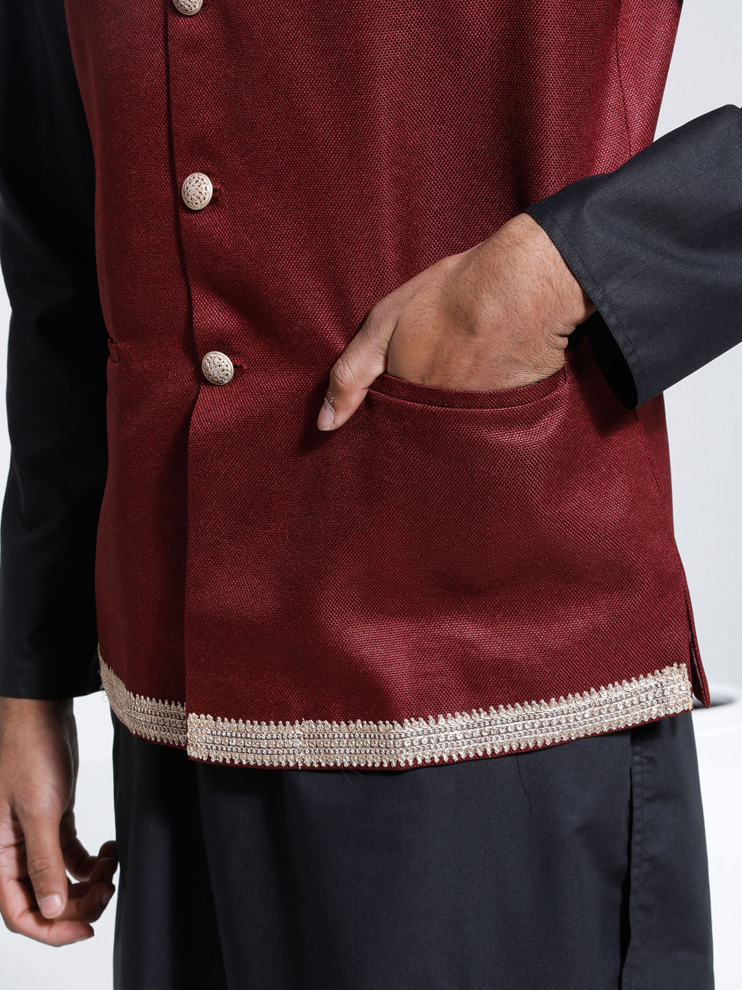 Sarvati Men's Maroon And Black Cotton Silk Jacket, Kurta and Pyjama Set