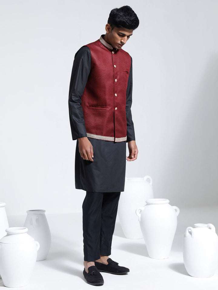 Sarvati Men's Maroon And Black Cotton Silk Jacket, Kurta and Pyjama Set