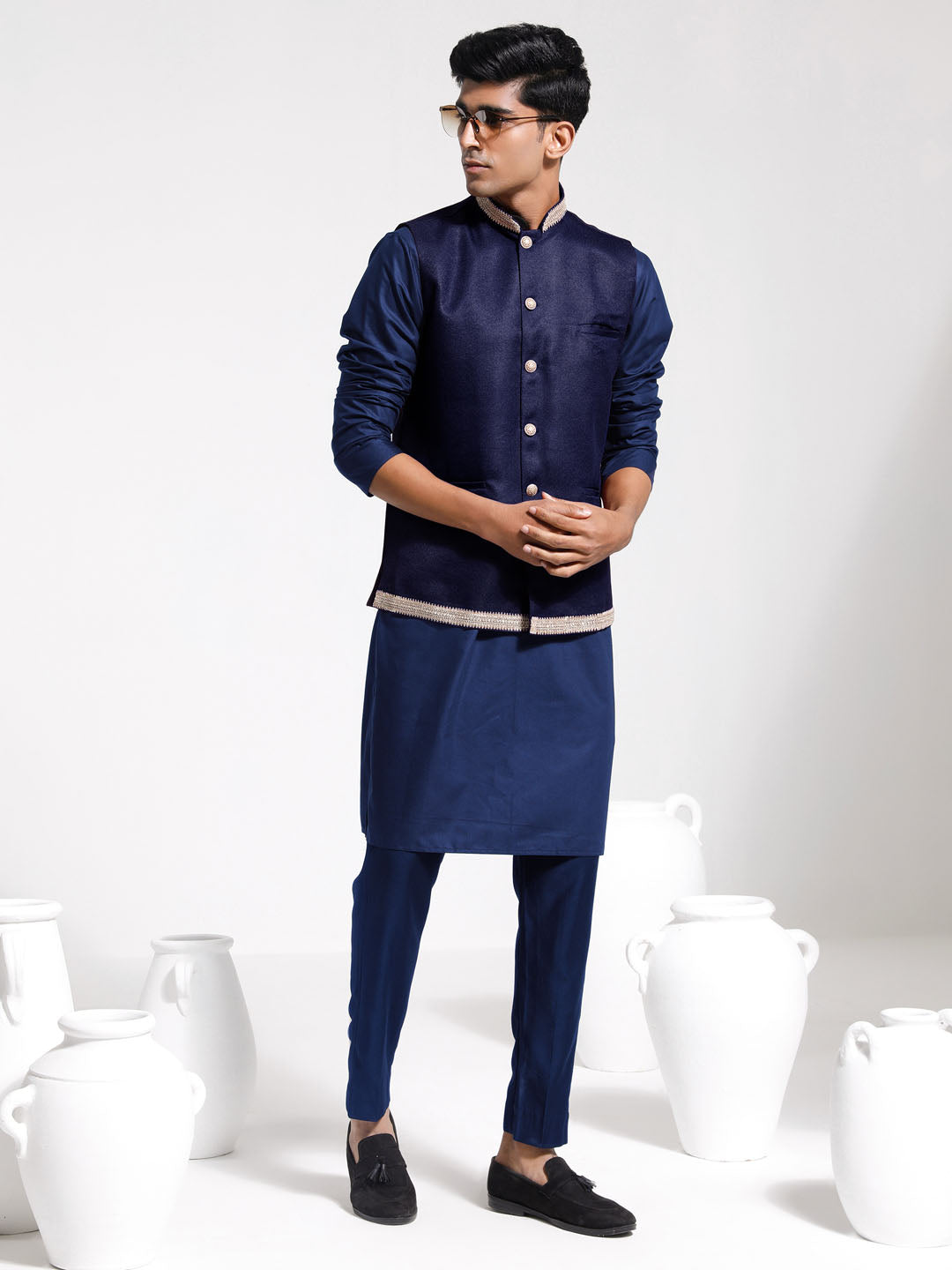 Sarvati Men's Navy Blue Cotton Silk Jacket, Kurta and Pyjama Set