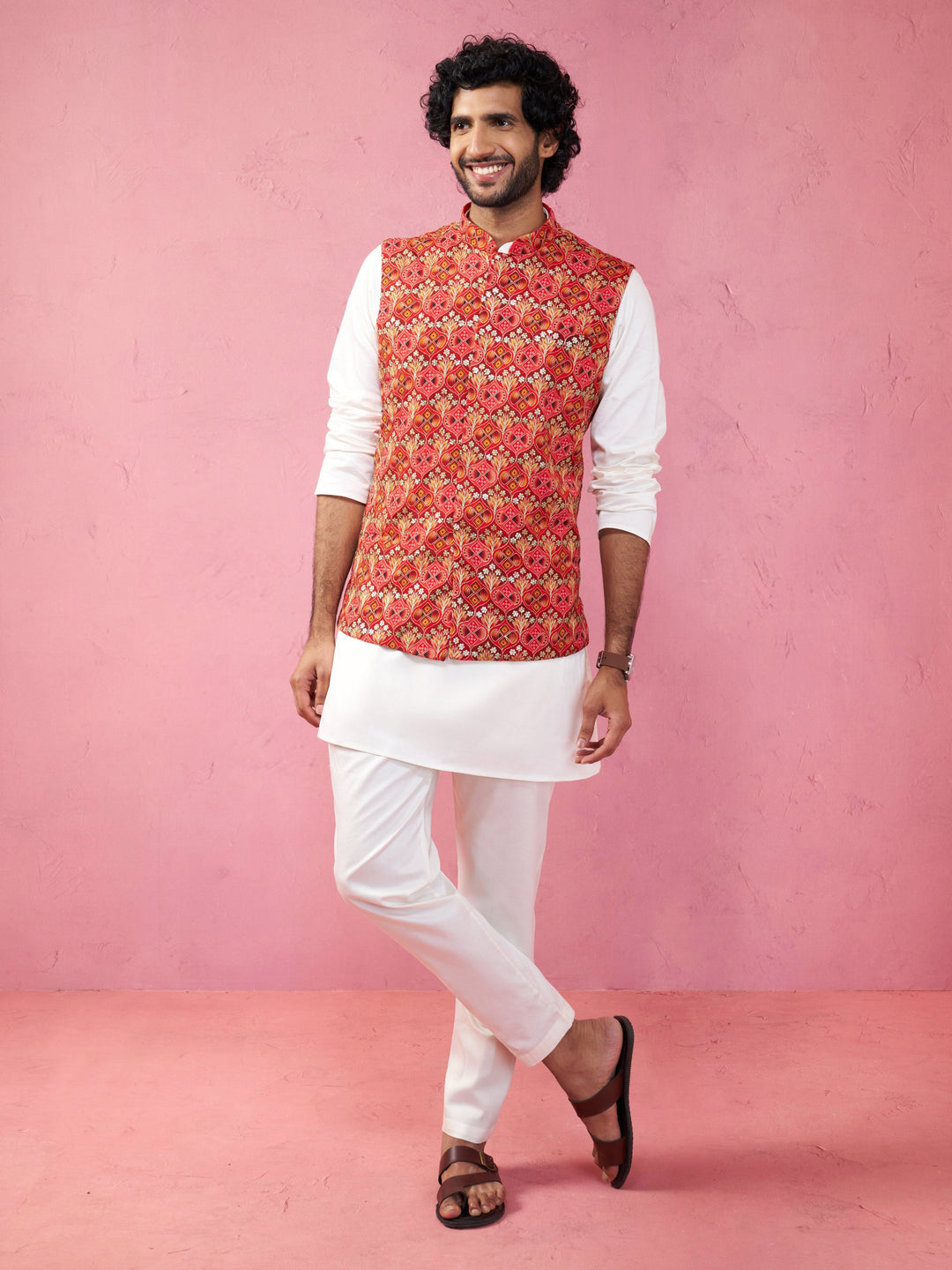 Men's Red Embroidered Nehru Jacket with Cream Kurta Pyjama