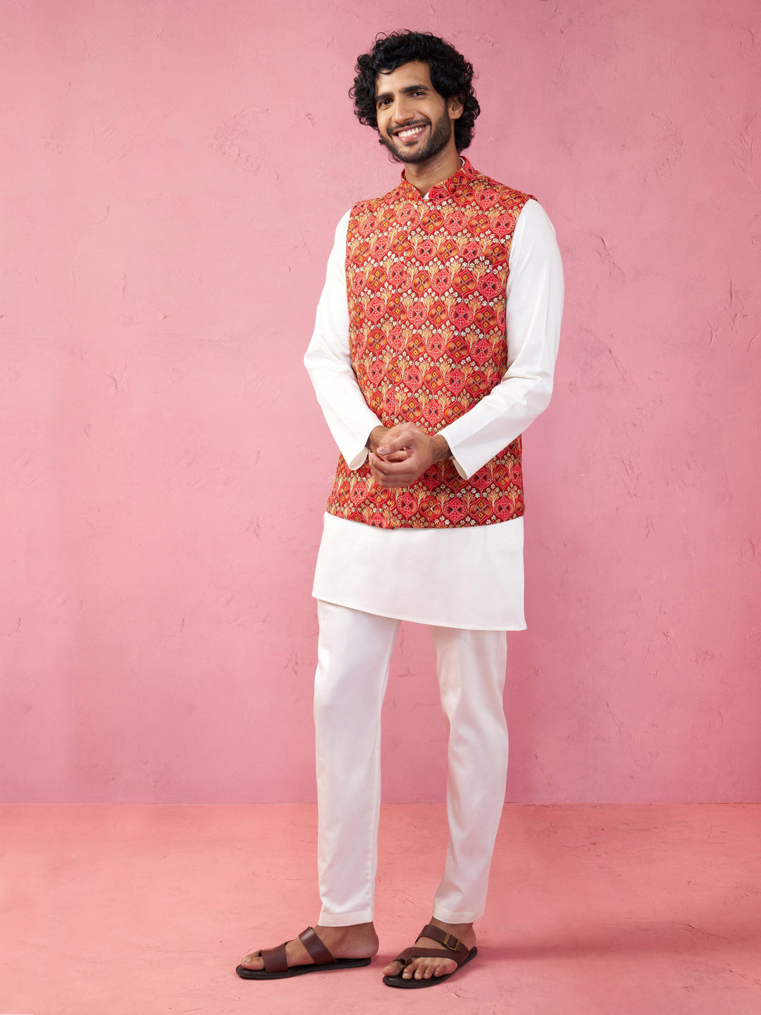 Men's Red Embroidered Nehru Jacket with Cream Kurta Pyjama