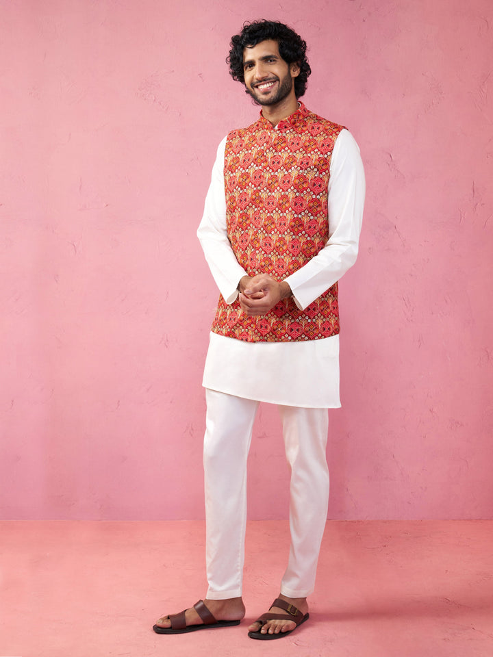 Men's Red Embroidered Nehru Jacket with Cream Kurta Pyjama