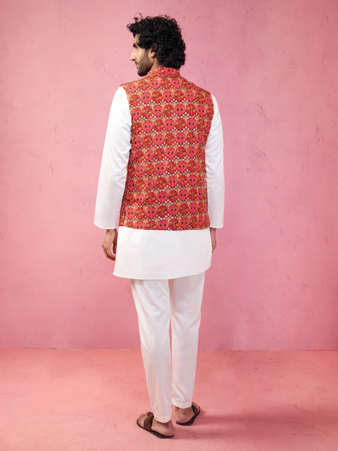 Men's Red Embroidered Nehru Jacket with Cream Kurta Pyjama