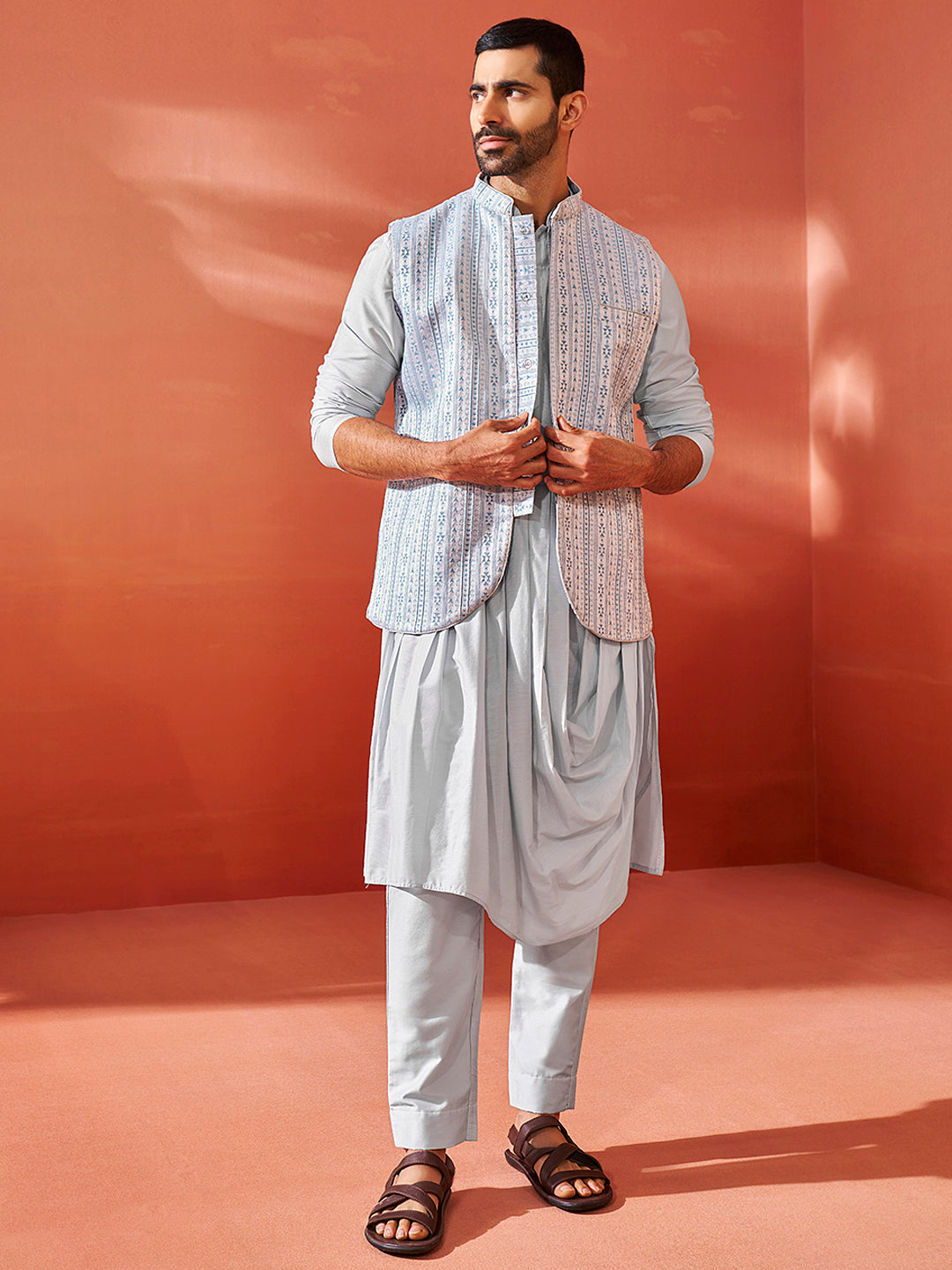 Men's Aqua Viscose Jacket,Kurta And Pyjama Set.