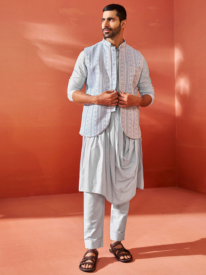 Men's Aqua Viscose Jacket,Kurta And Pyjama Set.