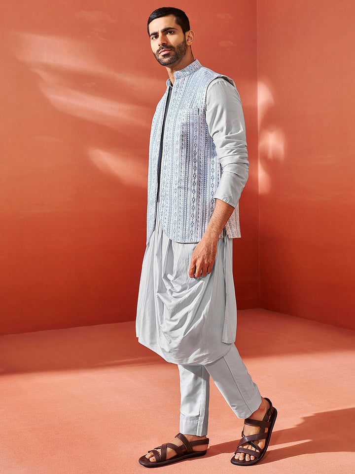Men's Aqua Viscose Jacket,Kurta And Pyjama Set.
