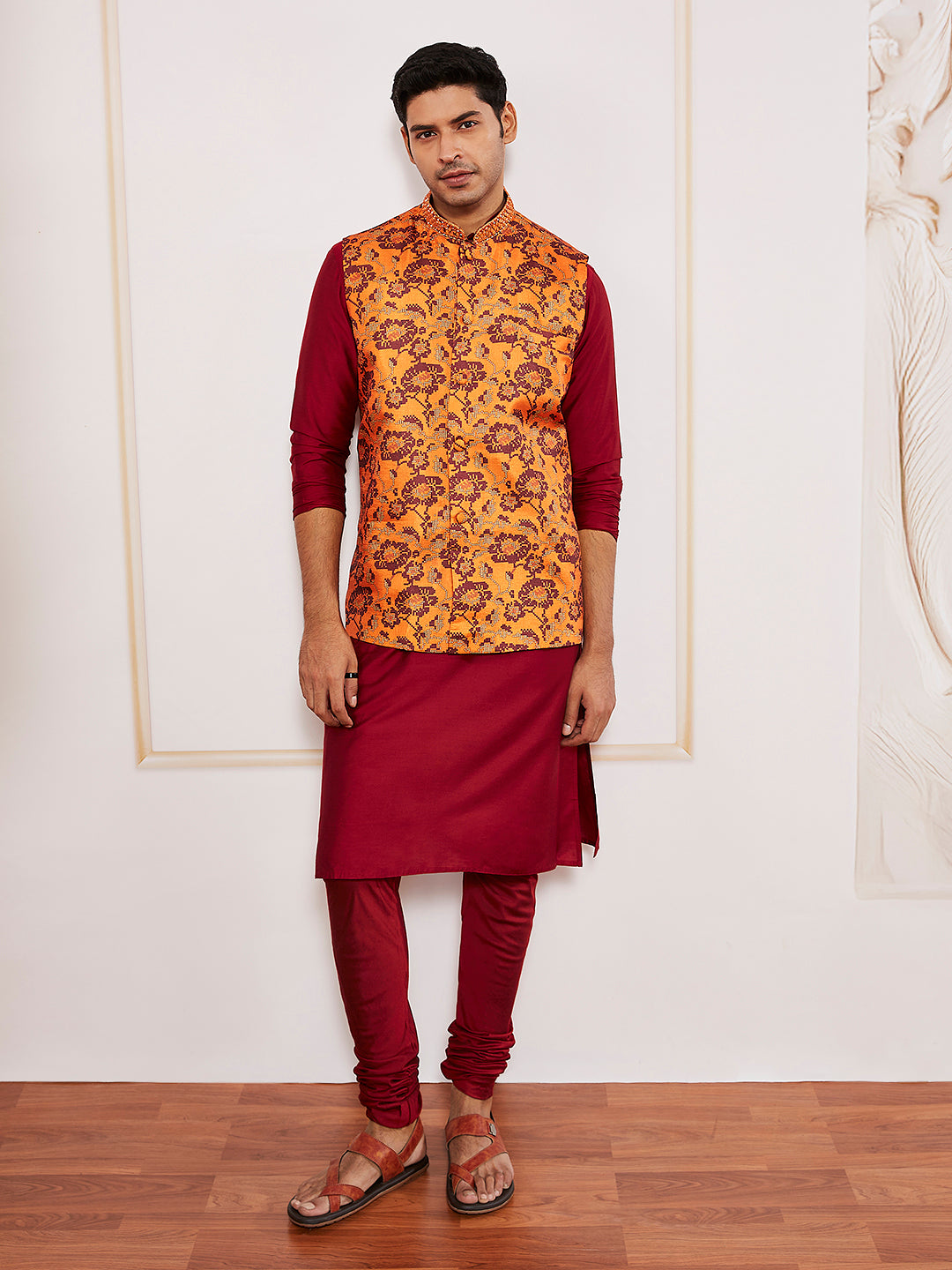 Sarvati Men's Maroon Silk Blend Jacket,Kurta And Pyjama Set.