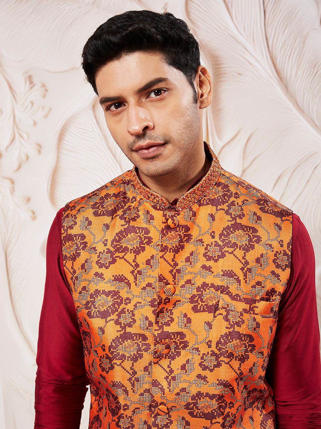 Sarvati Men's Maroon Silk Blend Jacket,Kurta And Pyjama Set.