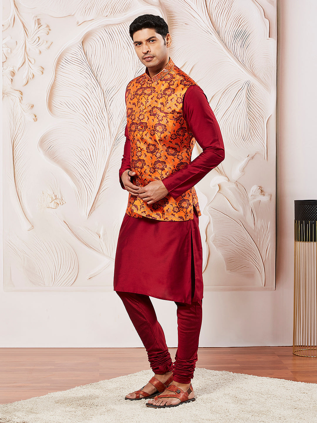 Sarvati Men's Maroon Silk Blend Jacket,Kurta And Pyjama Set.