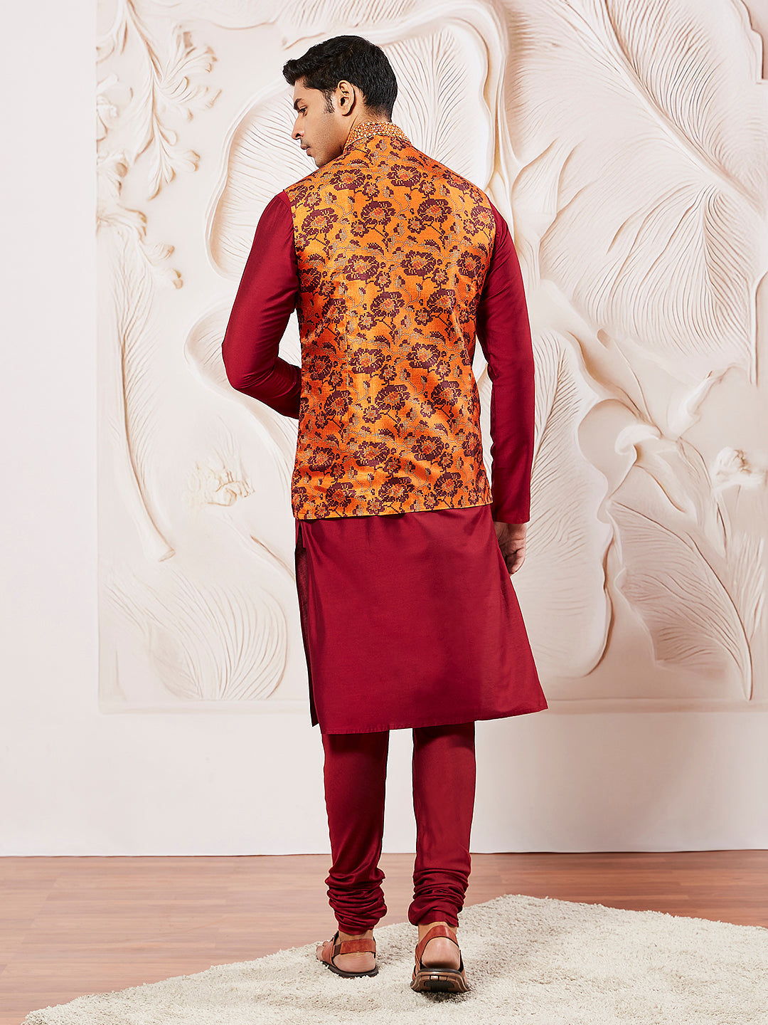 Sarvati Men's Maroon Silk Blend Jacket,Kurta And Pyjama Set.