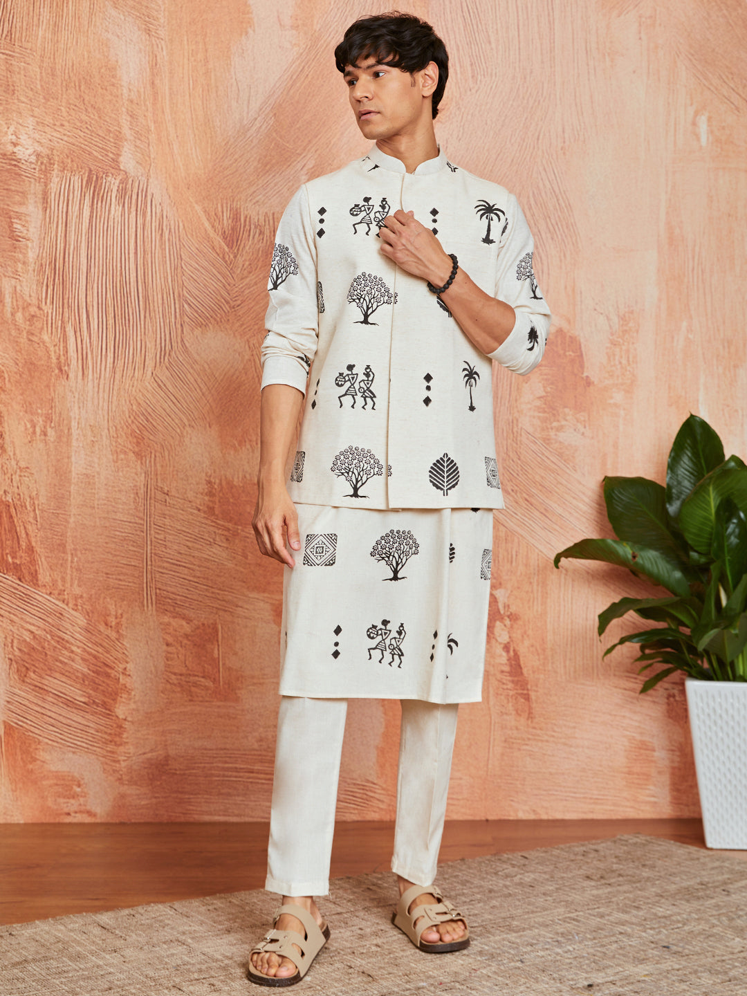 Men's Cream Cotton Jacket Kurta And Pyjama Set