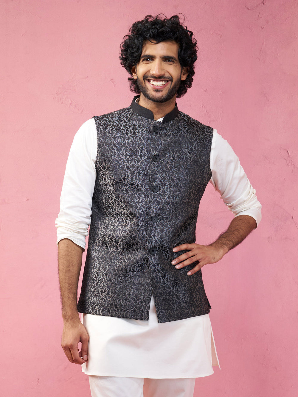 Men's Grey Imported Suiting Nehru Jacket