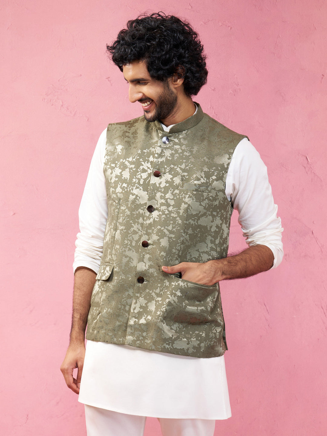 Men's Mehendi Green Monty Jacquard Nehru Jacket