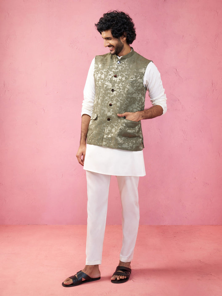 Men's Mehendi Green Monty Jacquard Nehru Jacket