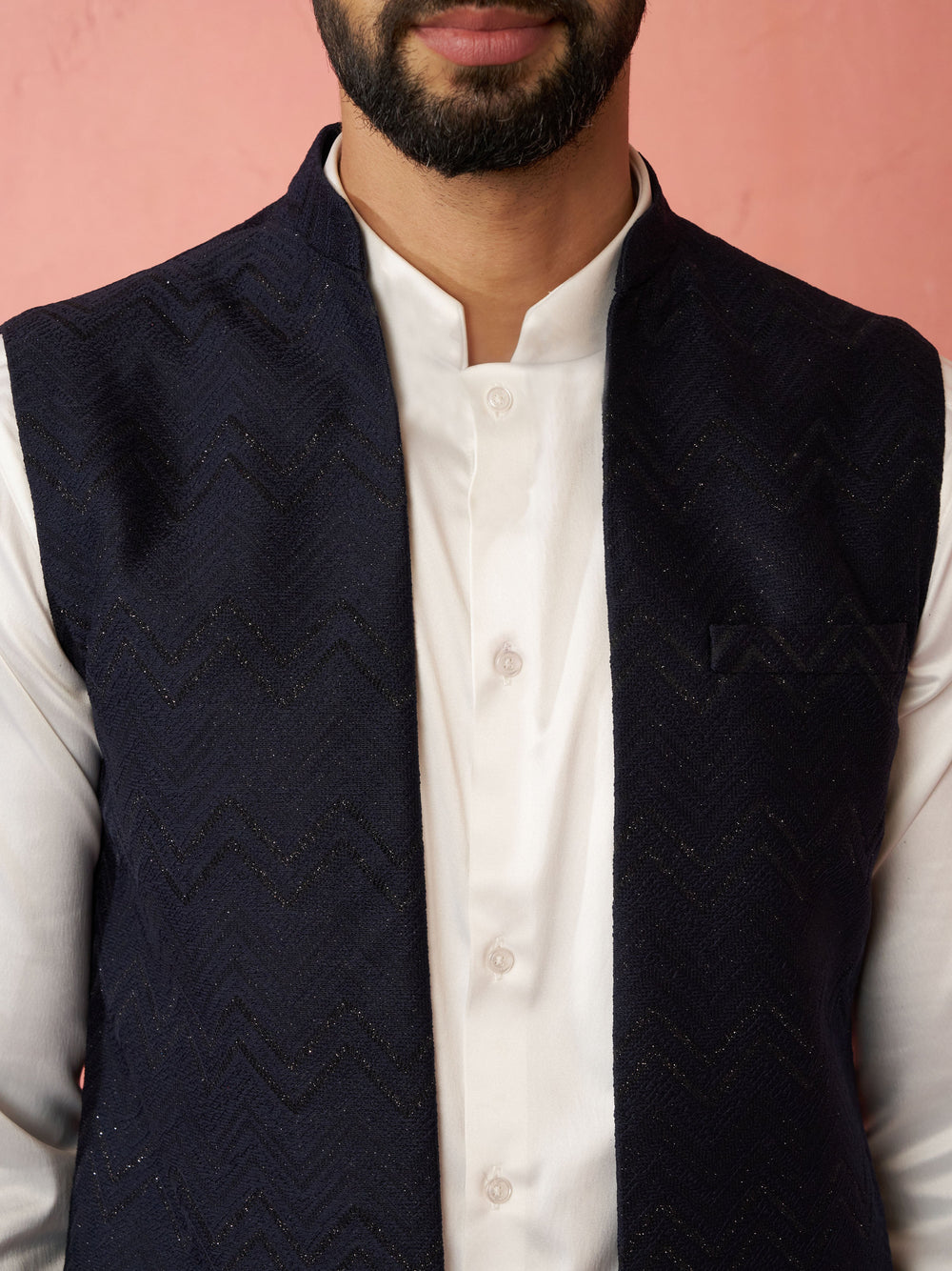 Men's Navy Blue Nehru Jacket with Cream Kurta Trouser
