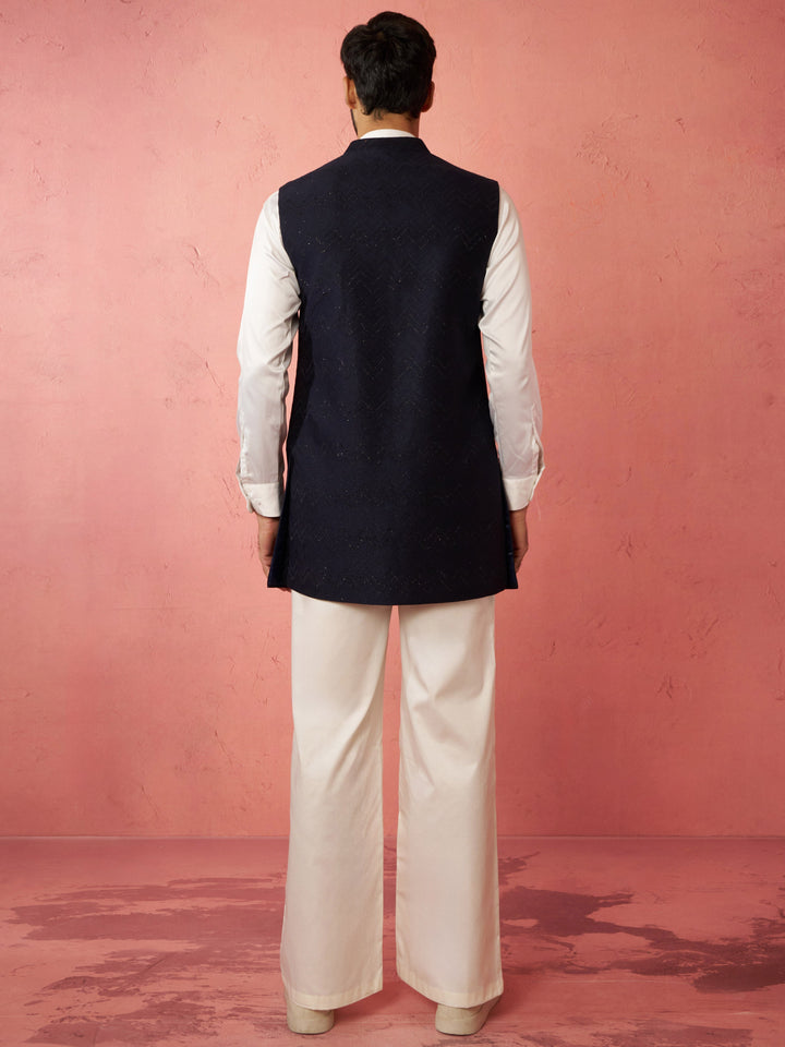 Men's Navy Blue Nehru Jacket with Cream Kurta Trouser