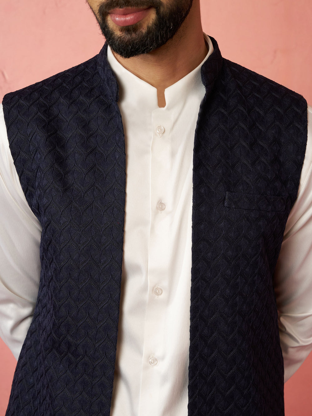 Men's Blue Nehru Jacket with Cream Kurta Trouser