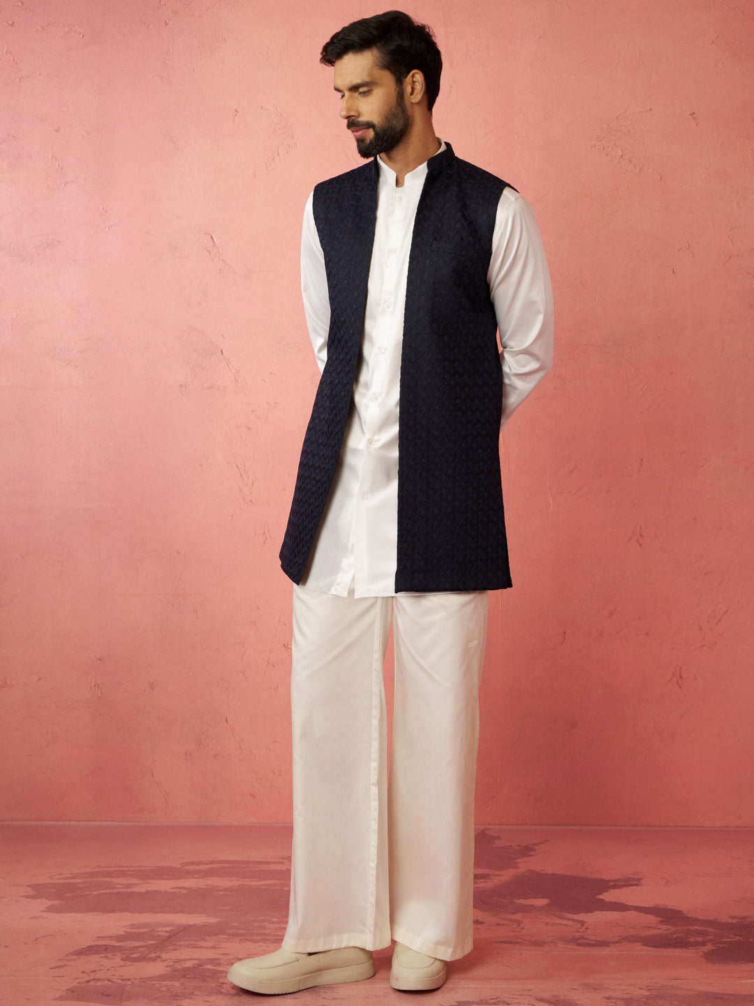 Men's Blue Nehru Jacket with Cream Kurta Trouser
