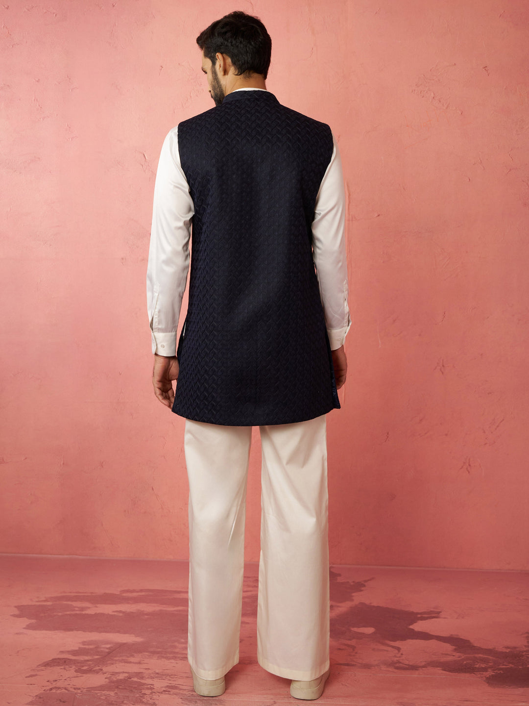 Men's Blue Nehru Jacket with Cream Kurta Trouser