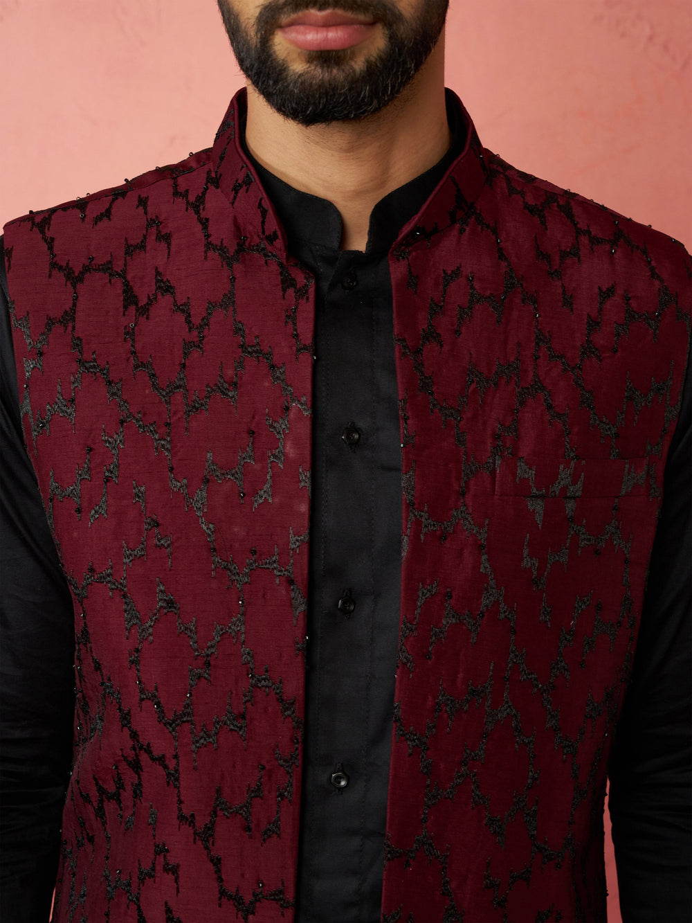Men's Wine Silky Abstract Embroidered Nehru Jacket - view 2