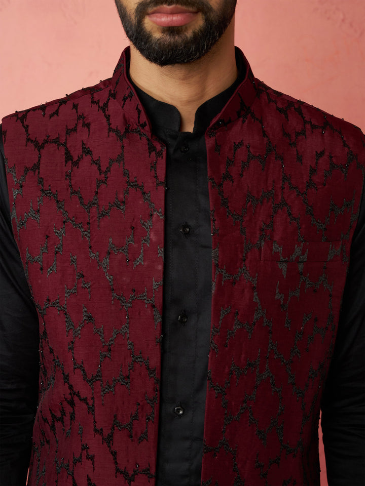 Men's Wine Silky Abstract Embroidered Nehru Jacket - view 2