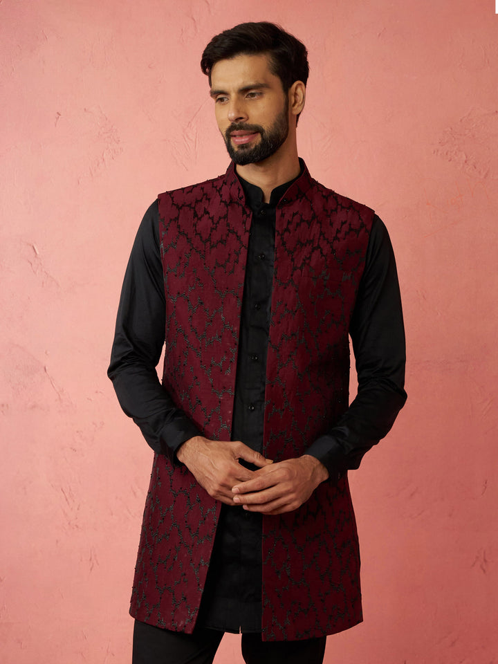 Men's Wine Silky Abstract Embroidered Nehru Jacket - view 3