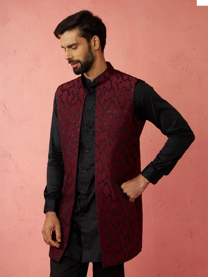 Men's Wine Silky Abstract Embroidered Nehru Jacket - view 4