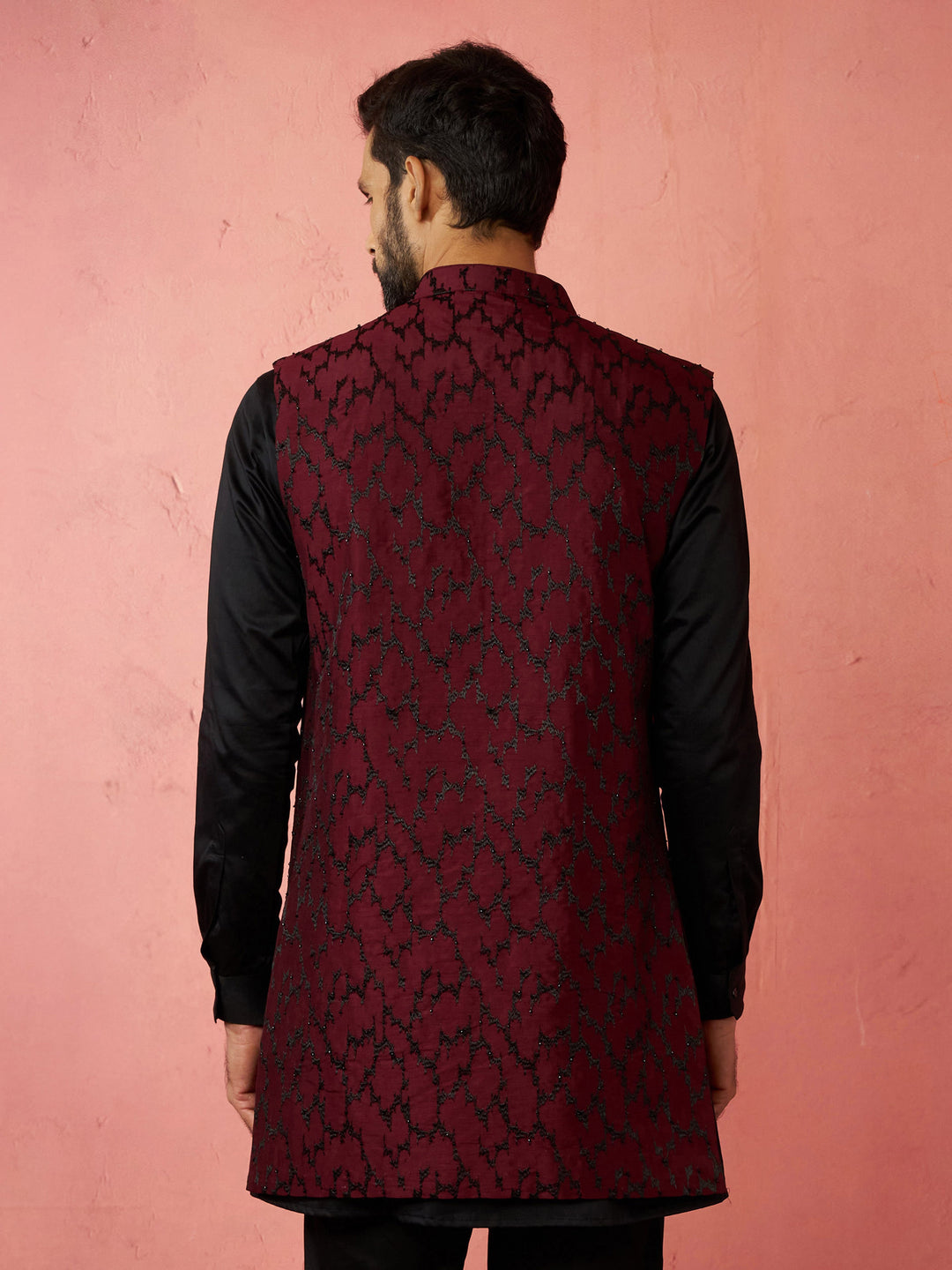 Men's Wine Silky Abstract Embroidered Nehru Jacket - view 5