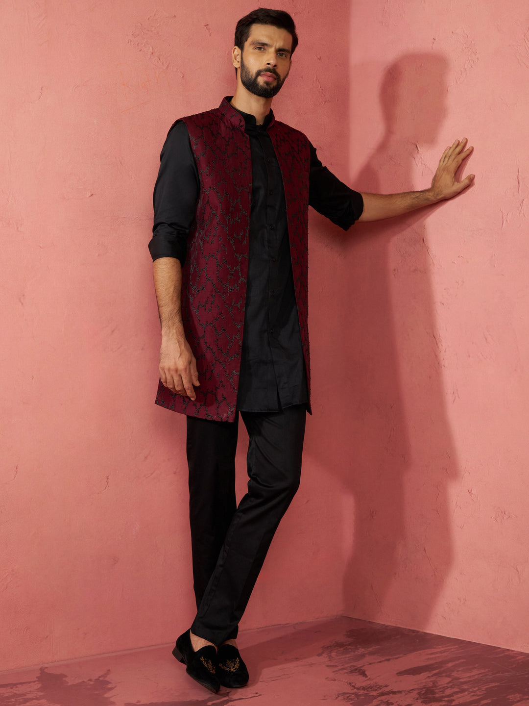 Men's Wine Silky Abstract Embroidered Nehru Jacket - view 6