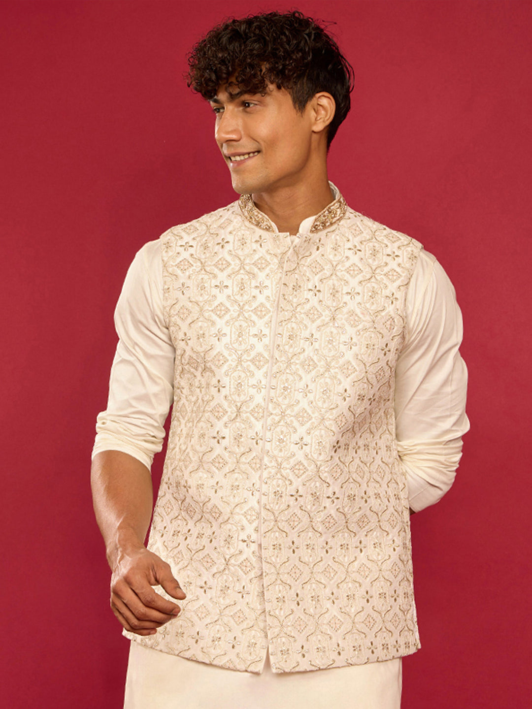 Men's White Silk Blend Thread & Zardozi Embroidered Nehru Jacket