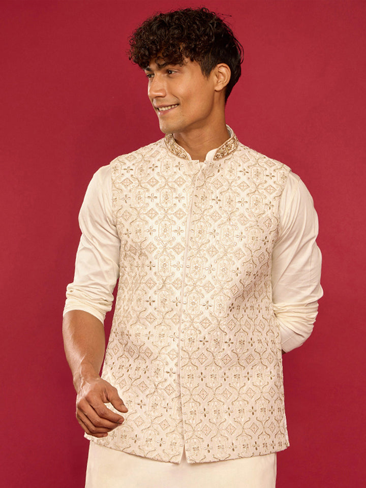 Men's White Silk Blend Thread & Zardozi Embroidered Nehru Jacket