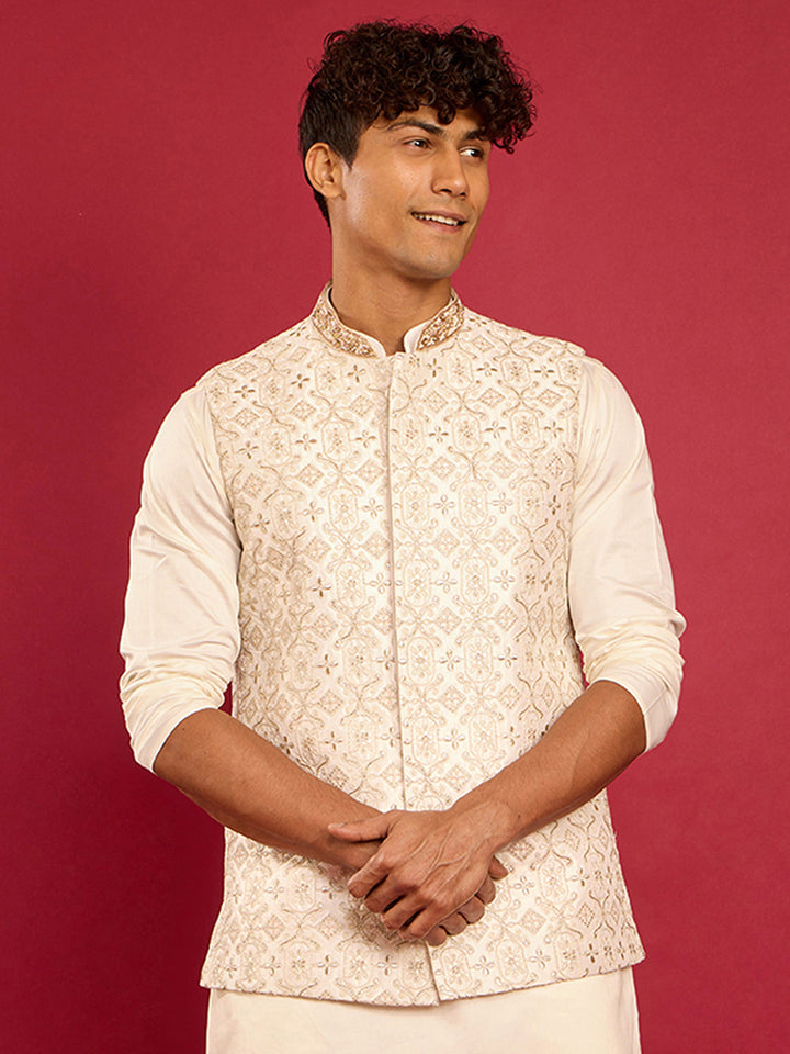 Men's White Silk Blend Thread & Zardozi Embroidered Nehru Jacket - view 3
