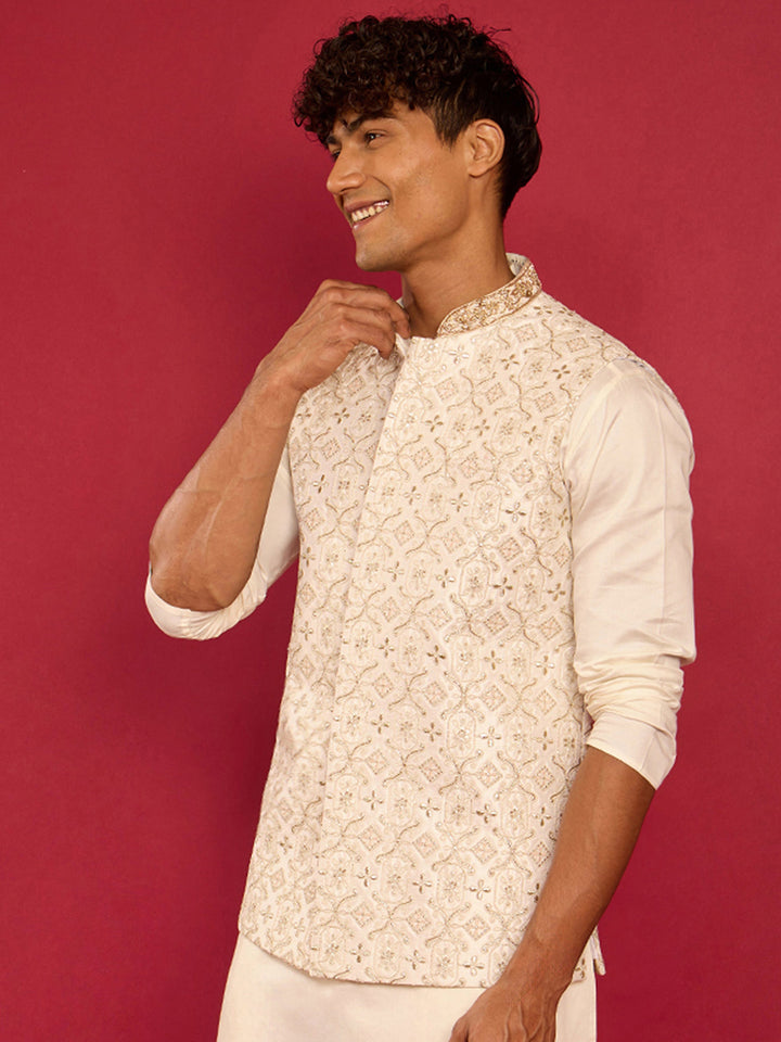 Men's White Silk Blend Thread & Zardozi Embroidered Nehru Jacket - view 4
