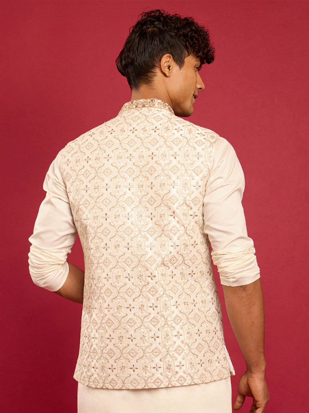 Men's White Silk Blend Thread & Zardozi Embroidered Nehru Jacket - view 5