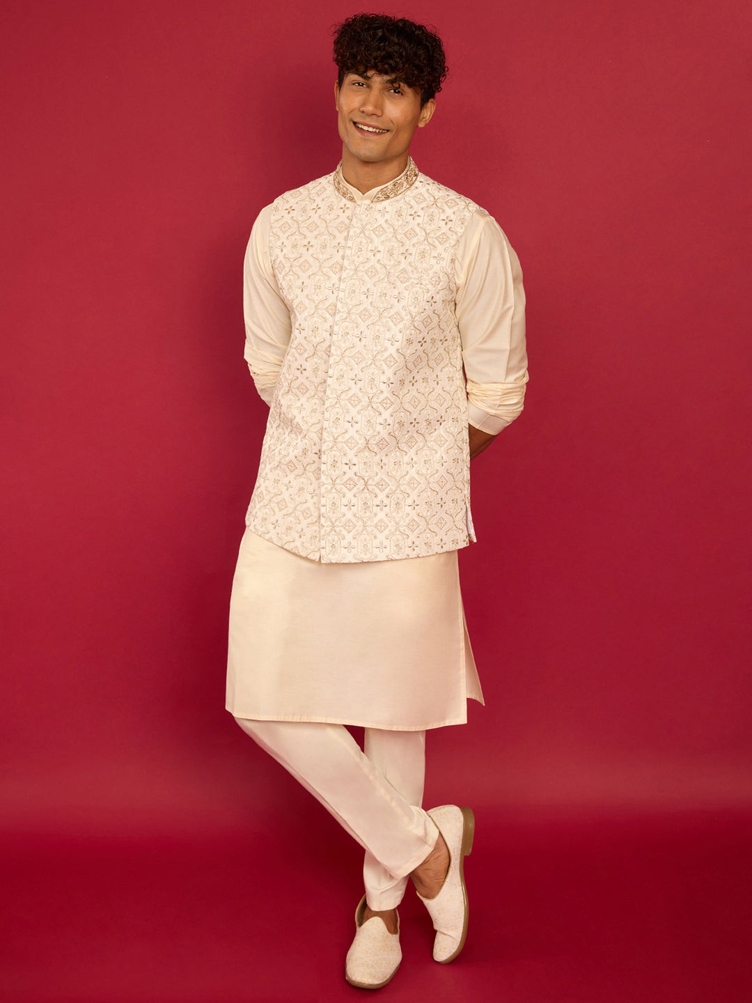 Men's White Silk Blend Thread & Zardozi Embroidered Nehru Jacket - view 6