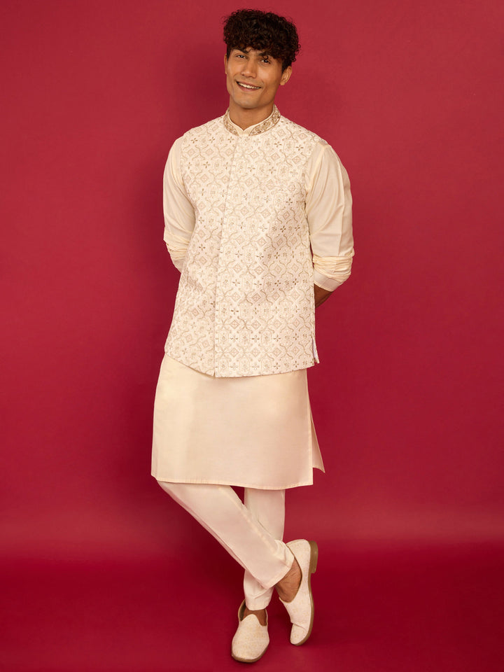 Men's White Silk Blend Thread & Zardozi Embroidered Nehru Jacket - view 6