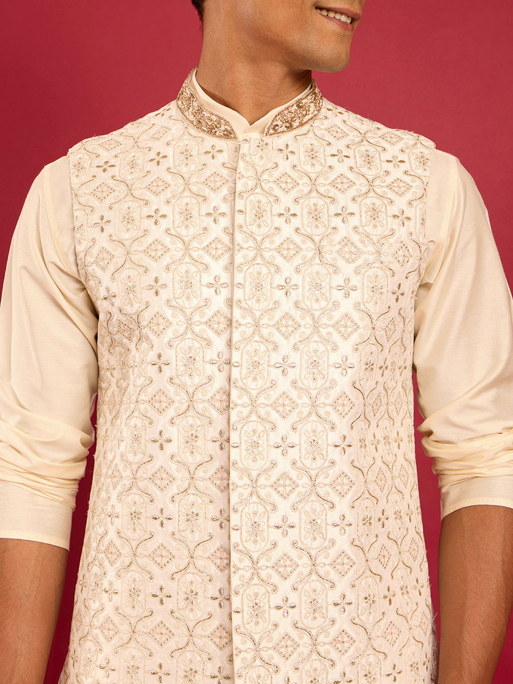 Men's White Zardozi Embroidered Nehru Jacket with Cream Silk Blend Kurta & Pant Set - view 2