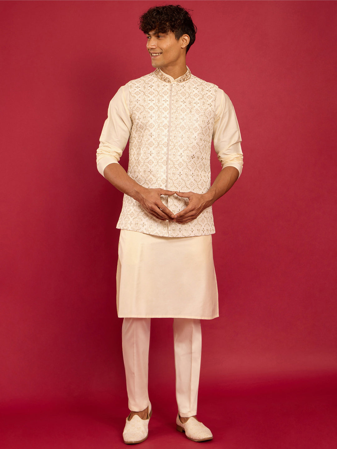 Men's White Zardozi Embroidered Nehru Jacket with Cream Silk Blend Kurta & Pant Set - view 3