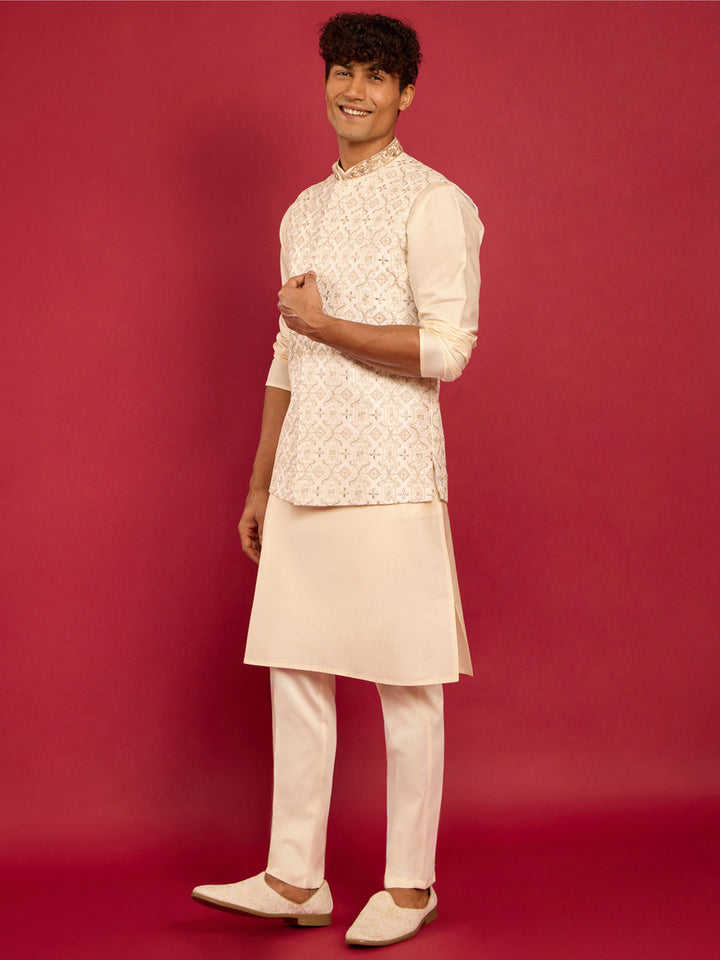 Men's White Zardozi Embroidered Nehru Jacket with Cream Silk Blend Kurta & Pant Set - view 4