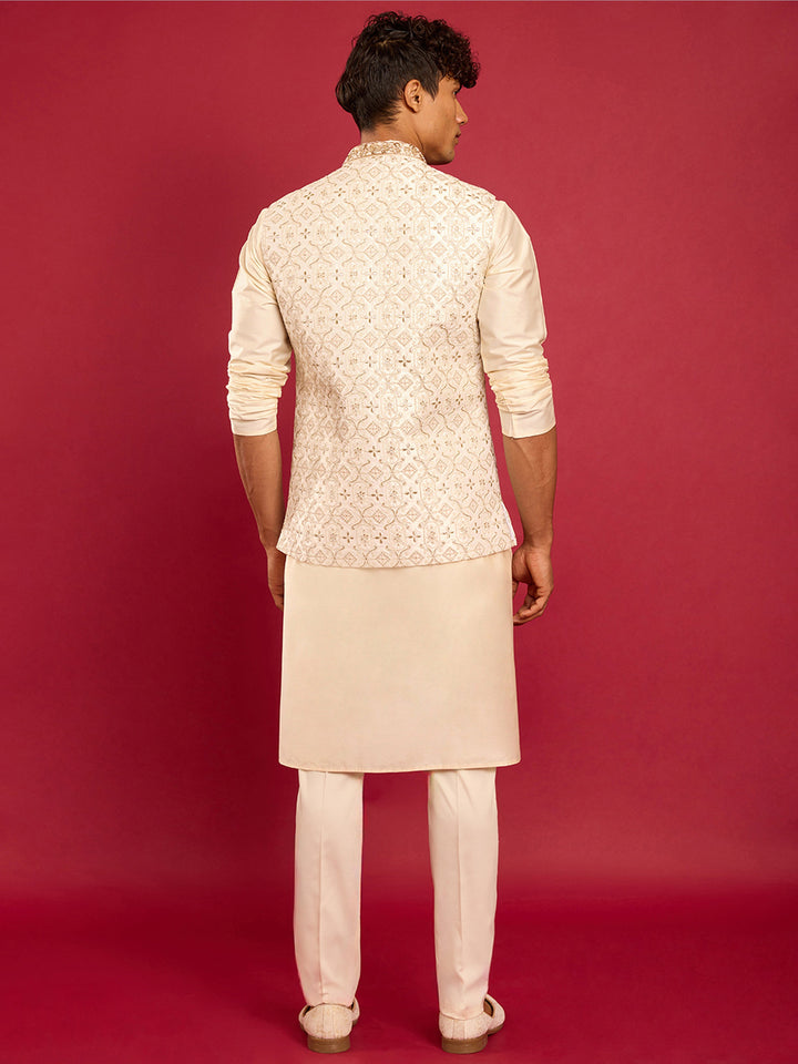 Men's White Zardozi Embroidered Nehru Jacket with Cream Silk Blend Kurta & Pant Set - view 5