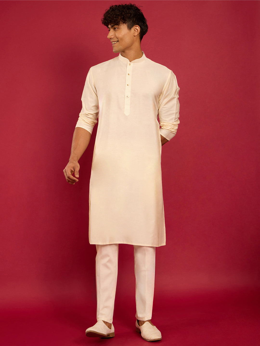 Men's White Zardozi Embroidered Nehru Jacket with Cream Silk Blend Kurta & Pant Set - view 6
