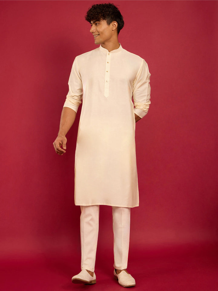 Men's White Zardozi Embroidered Nehru Jacket with Cream Silk Blend Kurta & Pant Set - view 6