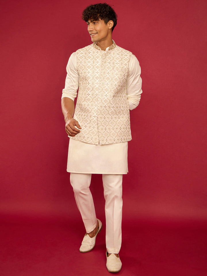 Men's White Zardozi Embroidered Silk Nehru Jacket with Cream Kurta & Pant Set