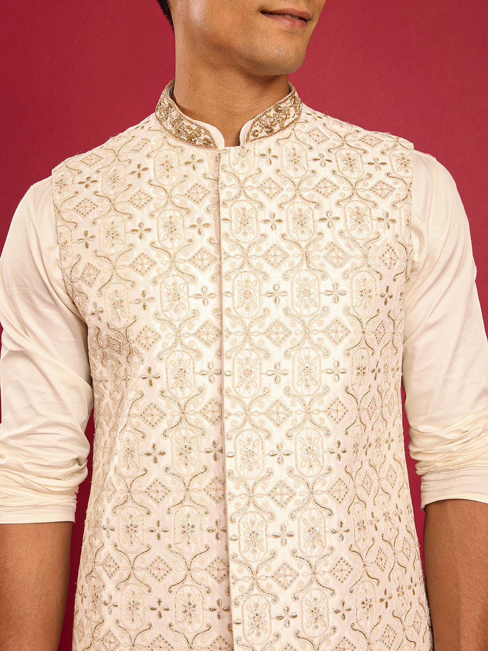 Men's White Zardozi Embroidered Silk Nehru Jacket with Cream Kurta & Pant Set - view 2