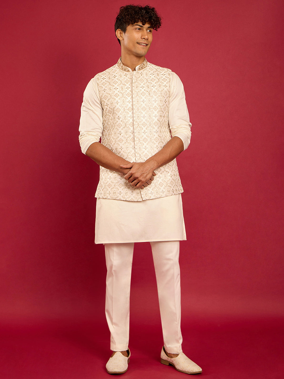 Men's White Zardozi Embroidered Silk Nehru Jacket with Cream Kurta & Pant Set - view 4