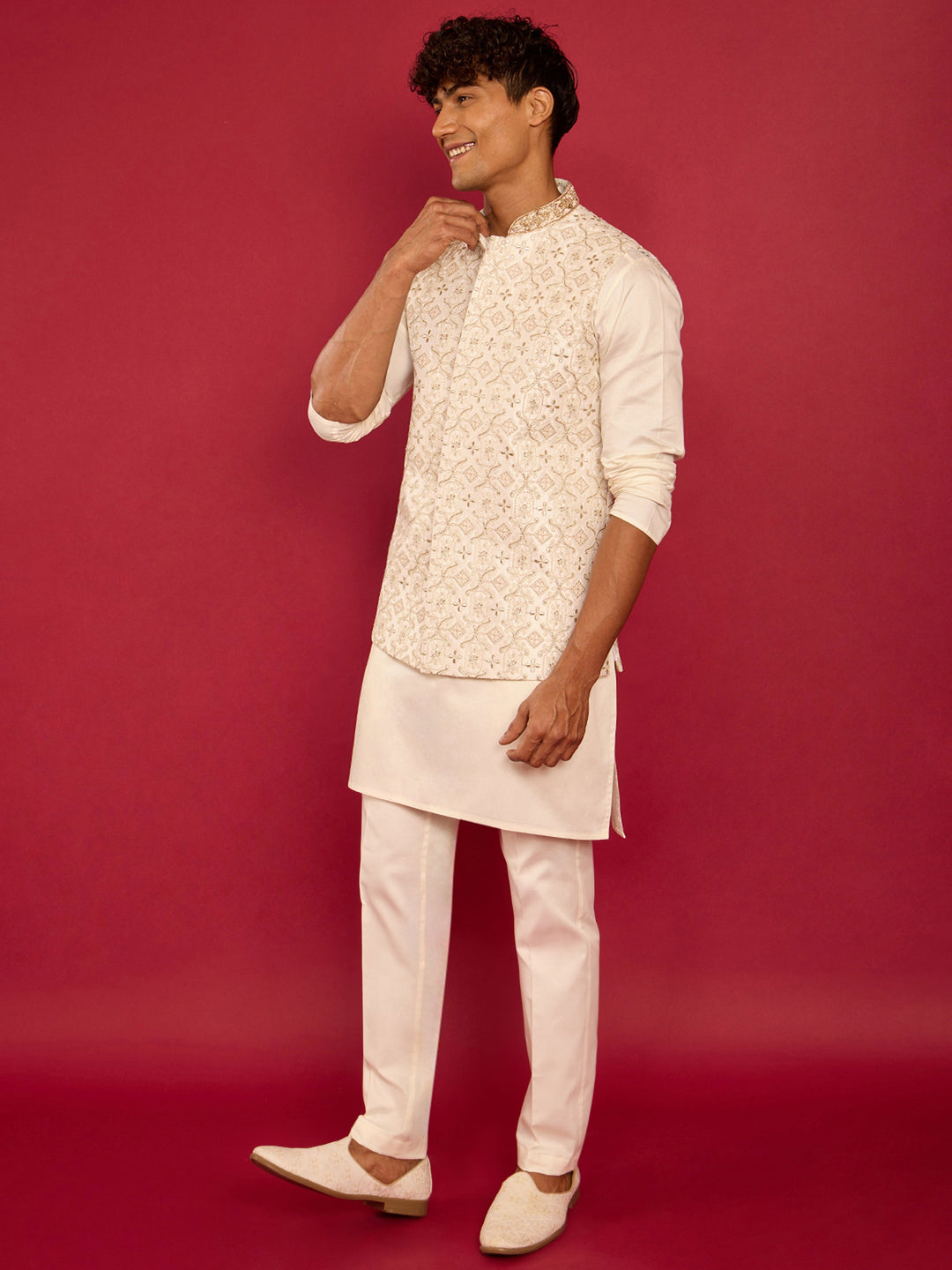 Men's White Zardozi Embroidered Silk Nehru Jacket with Cream Kurta & Pant Set - view 3